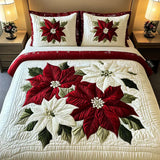 Set de lenjerie de pat cu 3 piese, quilt cu design de poinsettia de iarnă