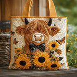 Geantă tote matlasată cu design Highland Cow și floarea-soarelui