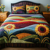 Set de lenjerie de pat cu quilt cu design floral de floarea-soarelui, 3 piese