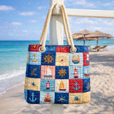 Geantă de plajă artizanală | Design patchwork cu tematică marină