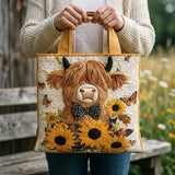 Geantă tote matlasată cu design Highland Cow și floarea-soarelui